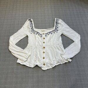 Boho Peasant Top White Embroidered Long Sleeve Square Neck Button M Aeropostale‎